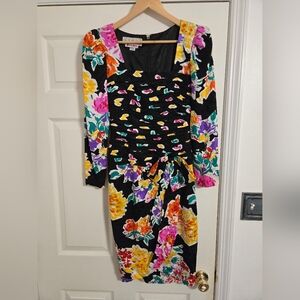 A.J. Bari vintage silk dress black floral Ruched waist size 4 READ CONDITION